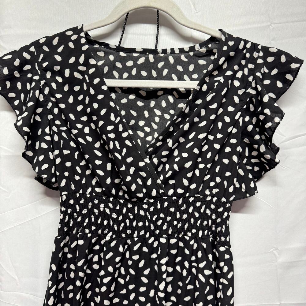 Women's Black & White Ditsy Floral Maxi Dress - Ruffled Sleeves Size XS